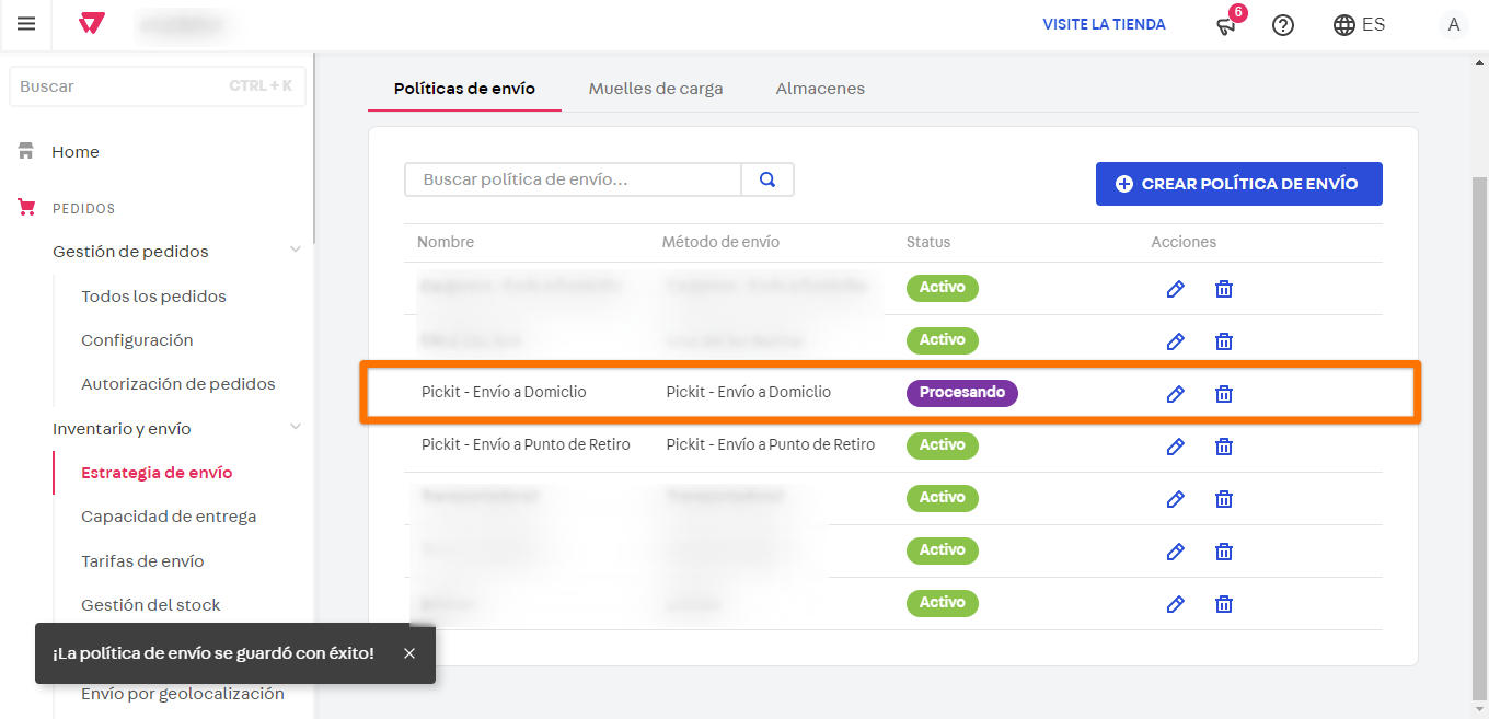Configuración de políticas de envío